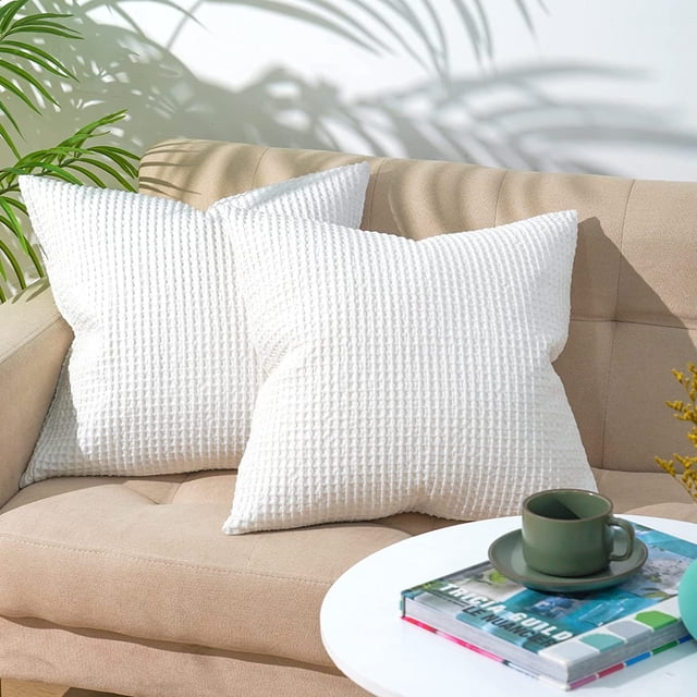 Funda de almohada de cojín tejido tipo gofre 100% algodón, 45*45 cm, paquete de 2 fundas de almohada cuadradas elegantes para decoración del hogar para sofá cama, blanco
