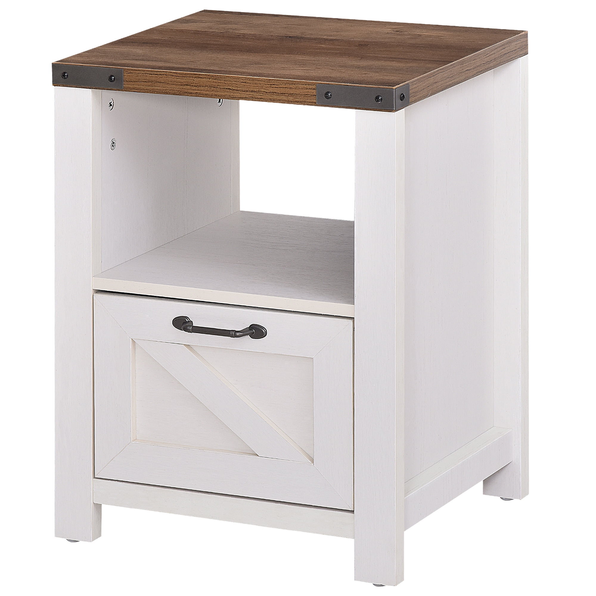 Farmhouse Side Table with Storage for Living Room White