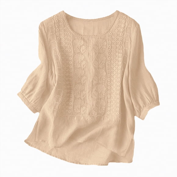 WUANDIXFA Women Y2K Long Sleeve Linen Shirts for Women Retro Embroidery Summer Loose 3/4 Sleeve Tshirts Tunic Tops Casual Blouses Boho Clothes Beige,L
