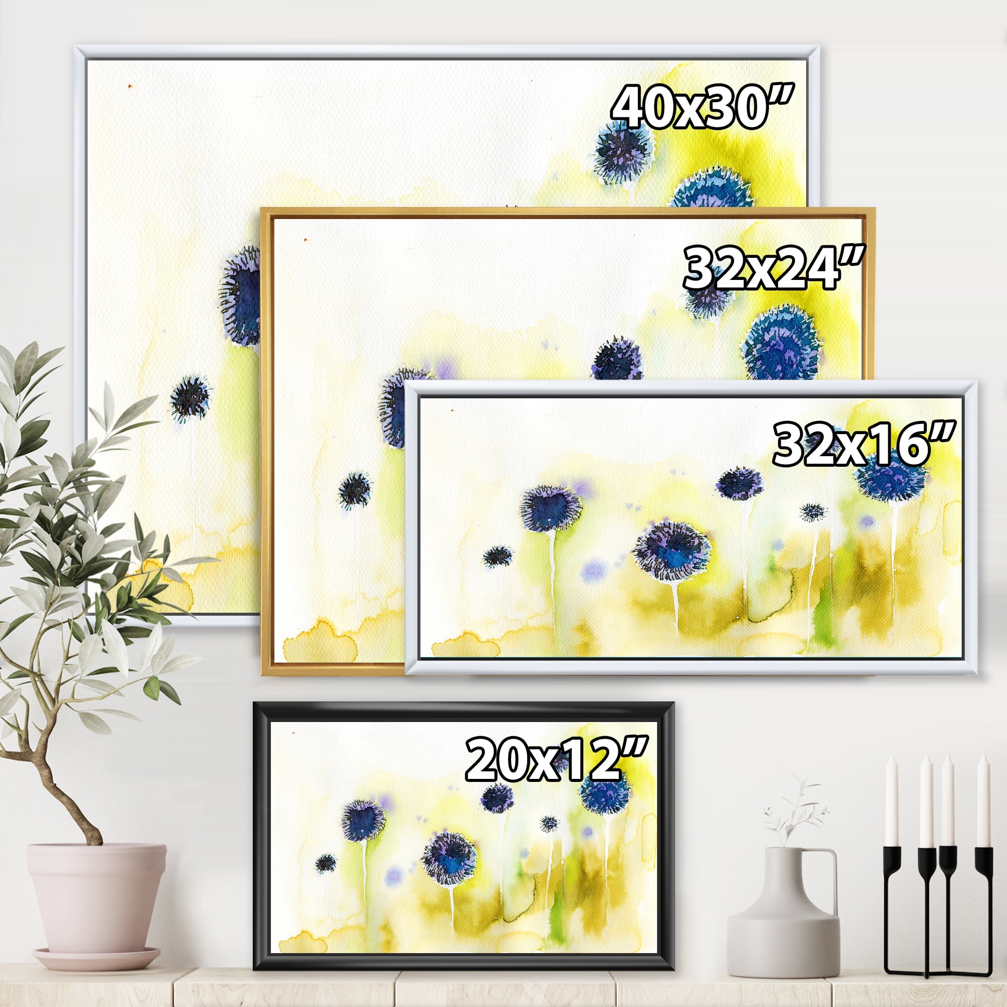 Designart 'Abstract Blue Flowers In The Meadow' Traditional Framed Canvas Wall Art Print