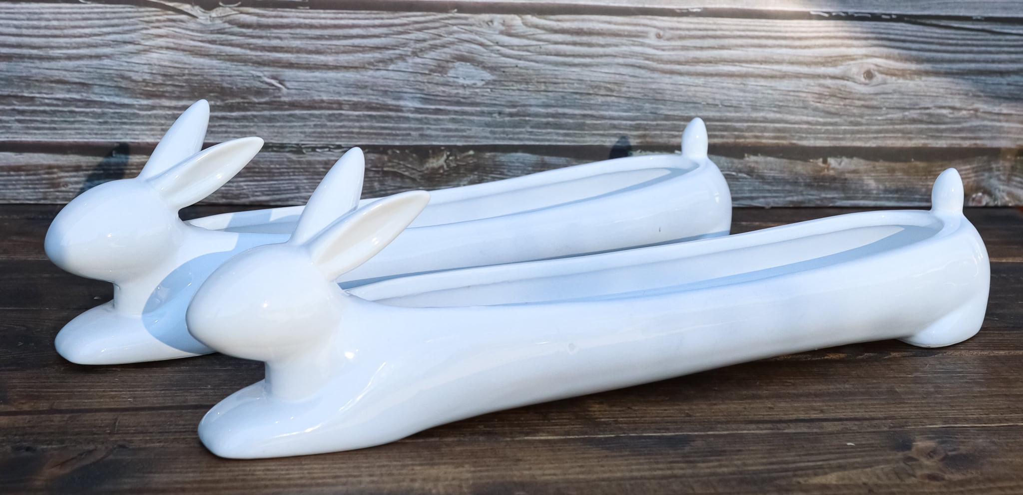 Pack Of 2 Bunny Rabbit White Ceramic Serving Platter Plate Cracker Dish