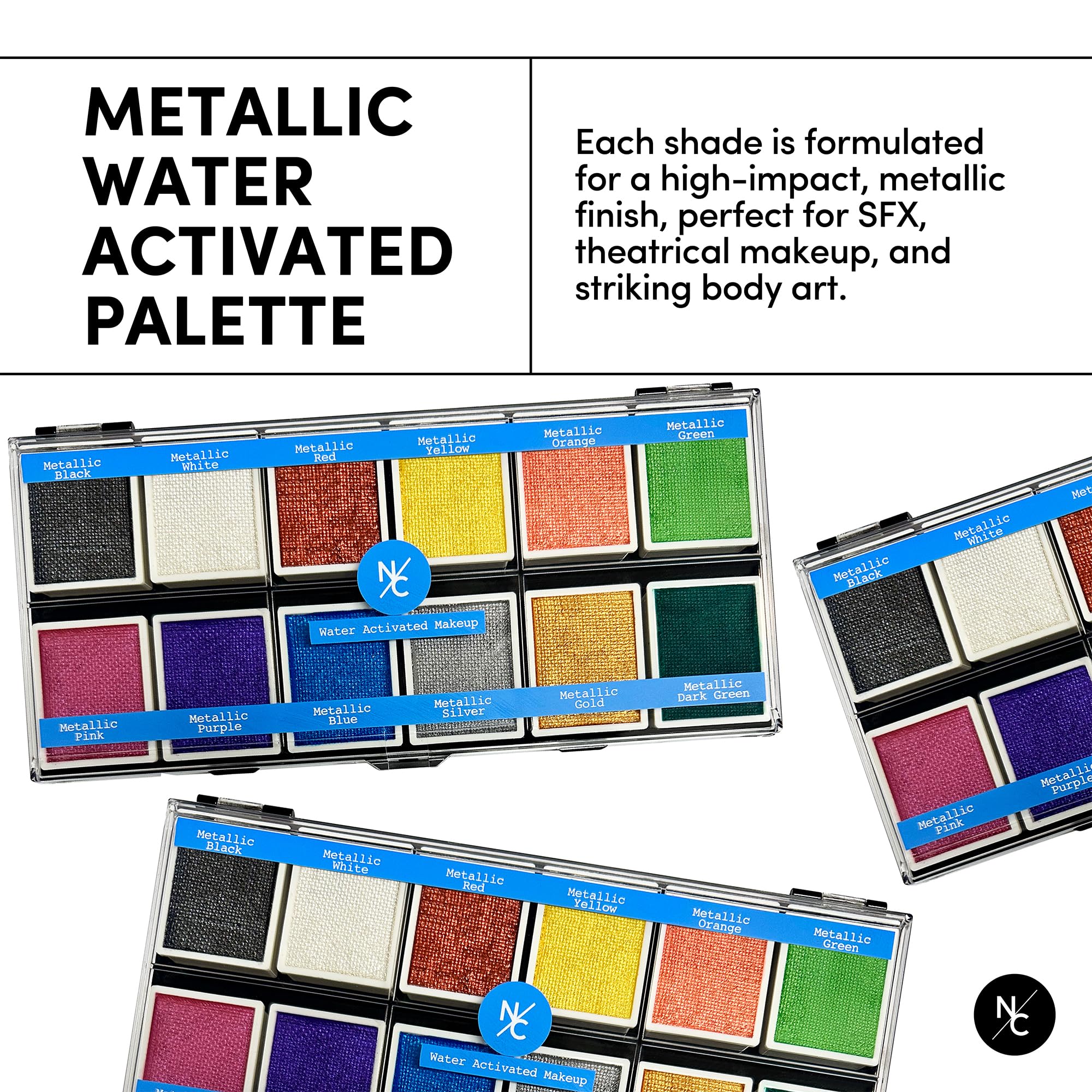 Narrative Cosmetics Metallic 12-Color Palette - Luxurious Water-Activated Makeup for Face & Body - Shimmering Shades for SFX, Cosplay, Theater, Film & TV Makeup Artists
