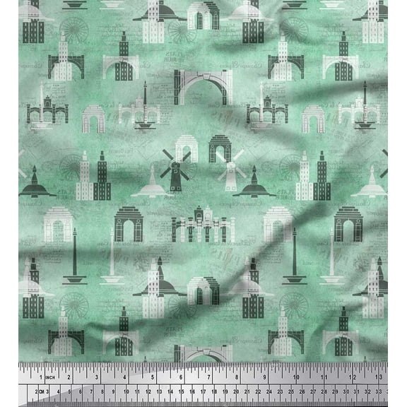 Soimoi Green polyester Crepe Fabric Text & Monuments Architectural Printed Fabric 1 Yard 42 Inch Wide