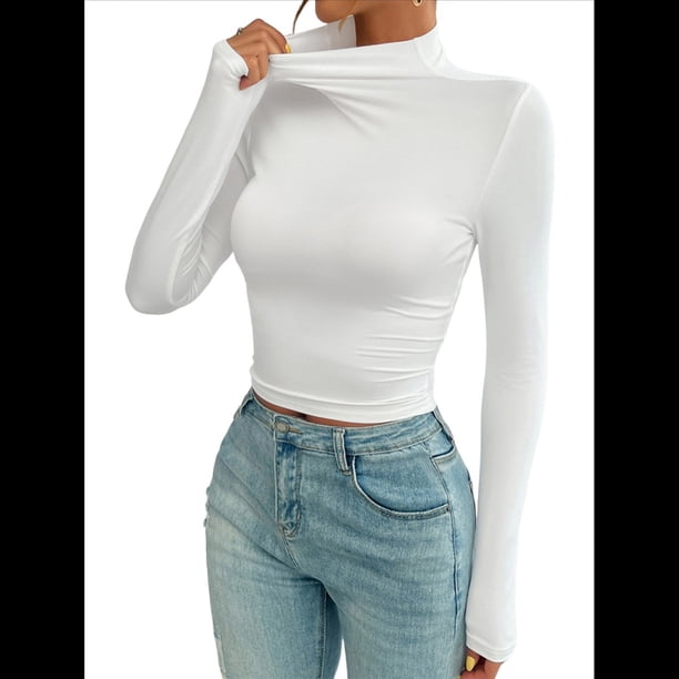 Camisetas Básicas para Mujer, Tops Cortos Ajustados para Salir, Lindas Camisetas de Cuello Alto para Adolescentes, Ropa de Larga Y2K S