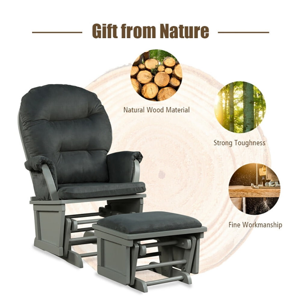 Finihen Upholstered Glider and Nursing Ottoman, Comfort Rocking Nursery Chair with Ottoman, Wood Baby Glider and Ottoman Cushion Set with Padded Armrests for Nursing, Gray