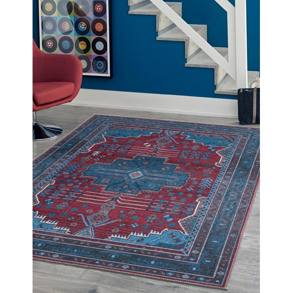 Rugs.com Mangata Collection Rug – 2' x 3' Red And Blue Low Rug Perfect For Entryways, Kitchens, Breakfast Nooks, Accent Pieces