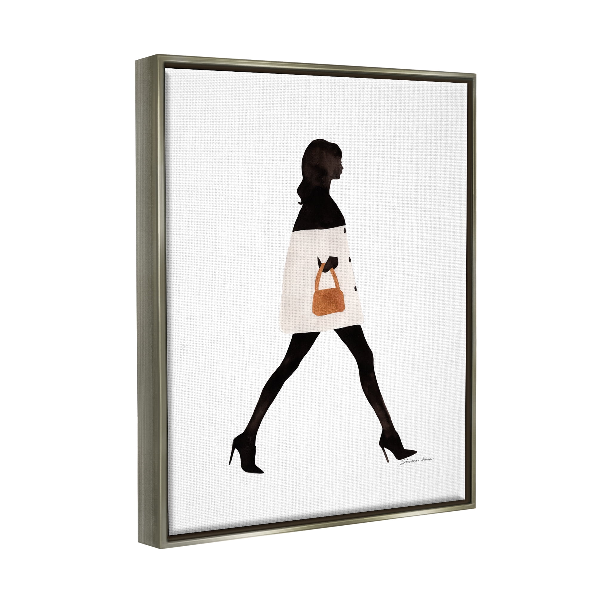 Stupell Industries Fashionable Girl Walking Beauty & Fashion Painting Gray Floater Framed Art Print Wall Art, 25 x 31