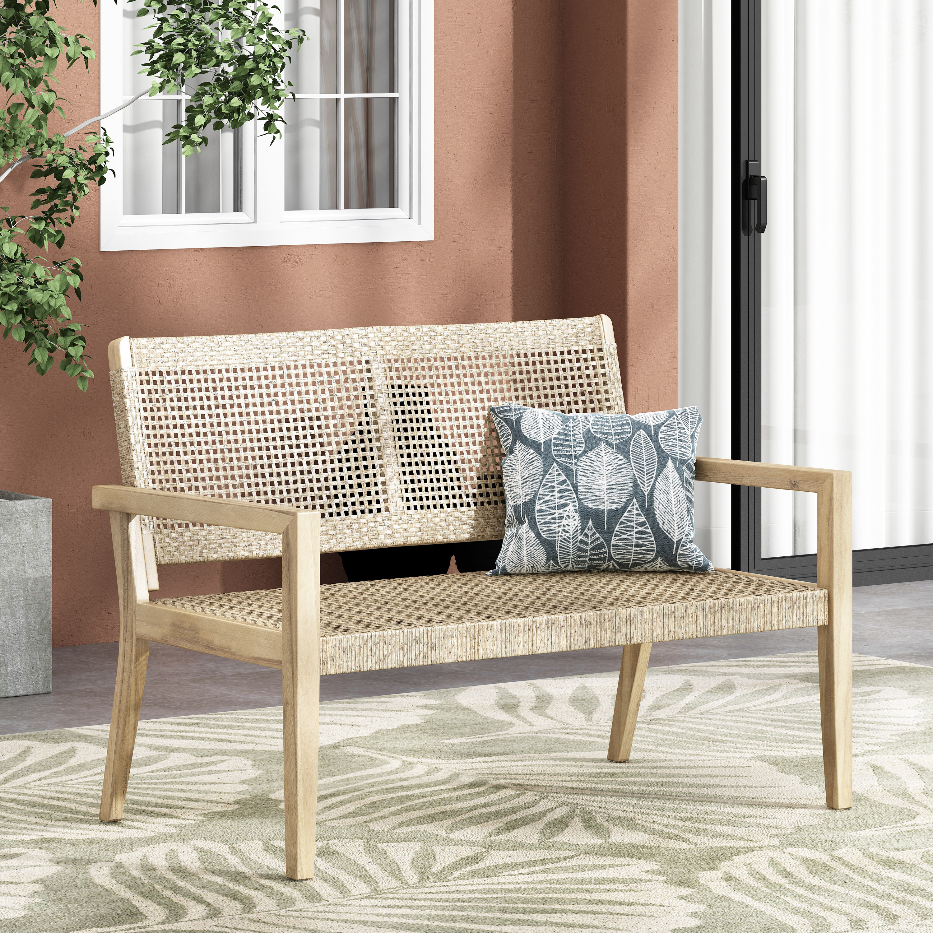 Outdoor Double Seat Sofa, Combined Wicker and Acacia Wood Structure for Patio Garden, Light and Light Brown