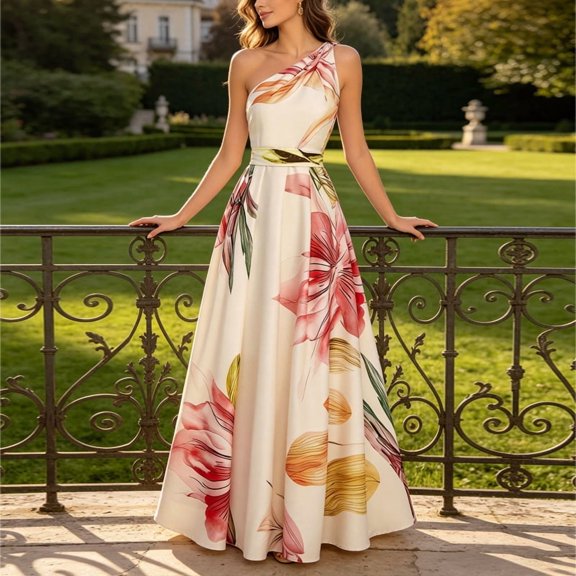 Zehjuhan Women's Flowy Sleeveless Maxi Dress with Ruching Tie Waist & A-Line Silhouette – Floral Print for Party & Vacation Apricot,S