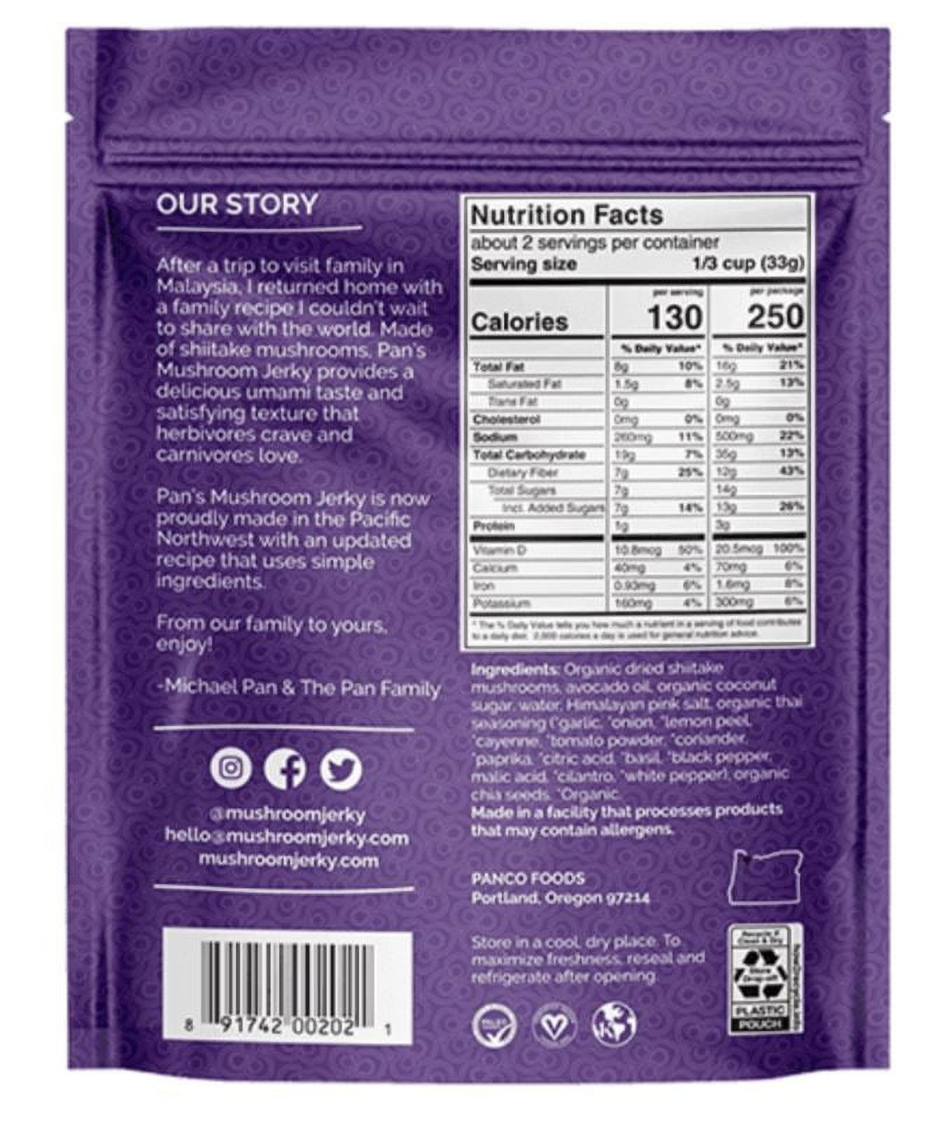 Pan's Mushroom Jerky Zesty Thai, 2.2 Oz. (Pack Of 2.)