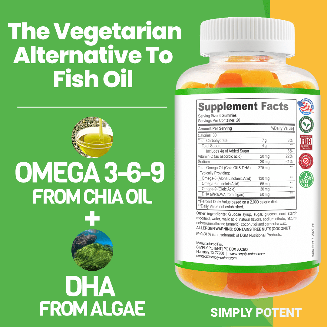 Simply Potent Vegan Omega 3 Gummies 2 Pack No Fish Oil No Krill Burpless Omega DHA Chewable Gluten-Free Omega-3 6 9 Supplement for Men Women & Kids Supports Brain Heart Joint Eye & Immune Health