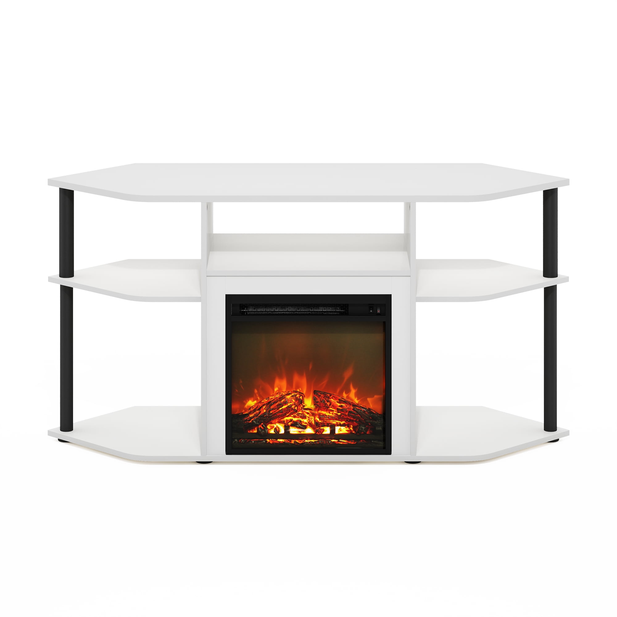 Furinno Jensen Open Storage Corner Fireplace TV Entertainment Center with Plastic Poles for TV up to 55 Inch, Solid White/Black
