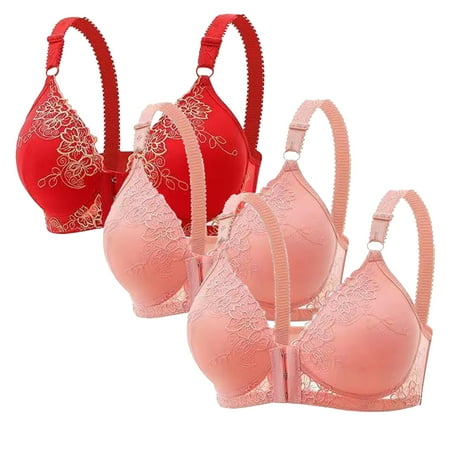 Gnurob Front Closure Bralette for Womens Plus Size Seamless Bra 3 Pack Lace Wireless Bralettes Padded Push Up Bras Beauty Back Smoothing Brassiere Clearance Saving Pink X-Large
