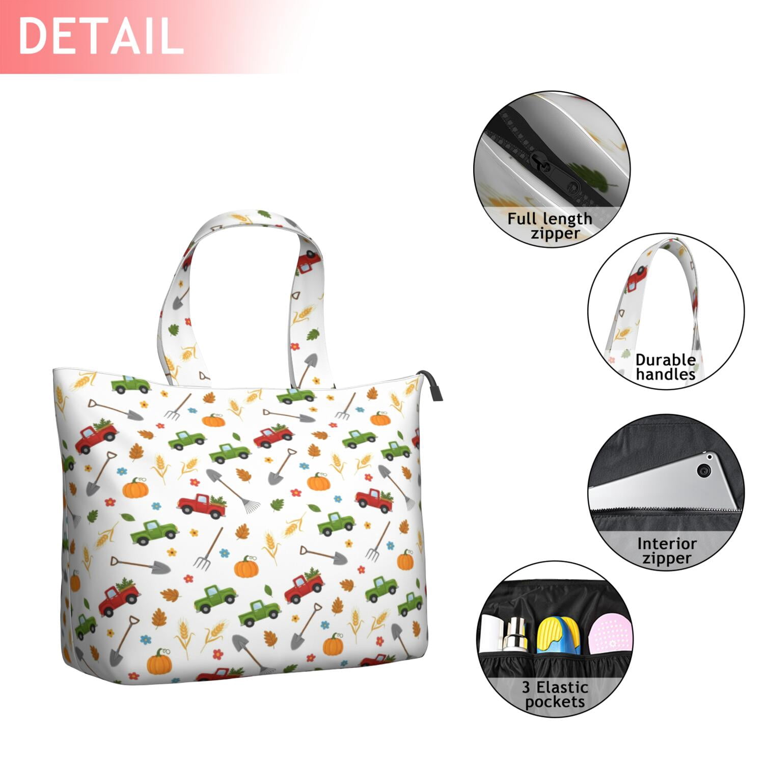 Cartoon Farm Vehicles Pumpkins White Pattern Travel Tote Bags for Women Carry On,Large Weekender Bags for Women Travel,Multi Functional Duffle Bag for Work,Shopping,Sports