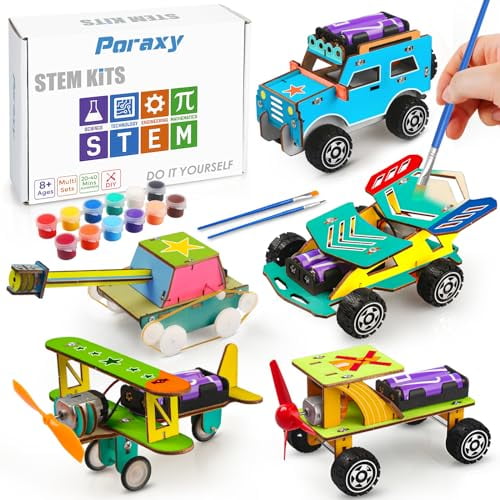 Poraxy STEM Kits for Kids Age 8-10, 5 Set Wooden Model Car Kits, STEM Toys for Ages 8-13, 3D Puzzles, Science Kits Educational Crafts Building Project