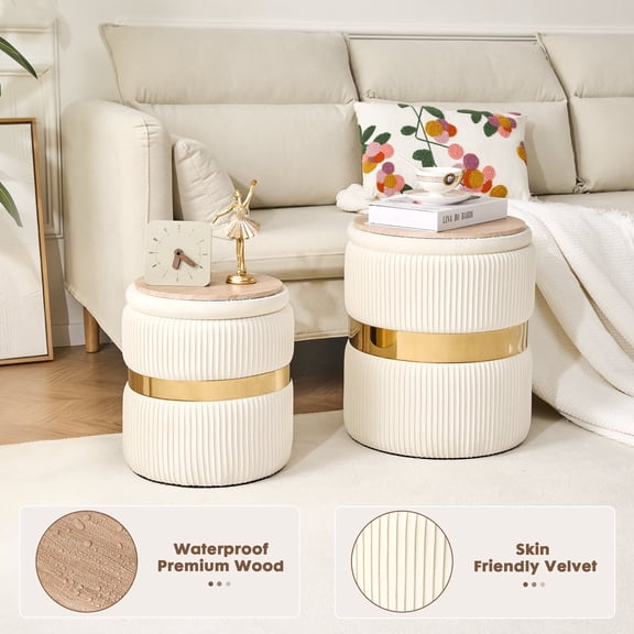 2BYF Round Storage Ottoman, 2-in-1 Velvet Footrest with Hidden Compartment, Space-Saving Side Table  for Living Room, Bedroom, and Small Apartments