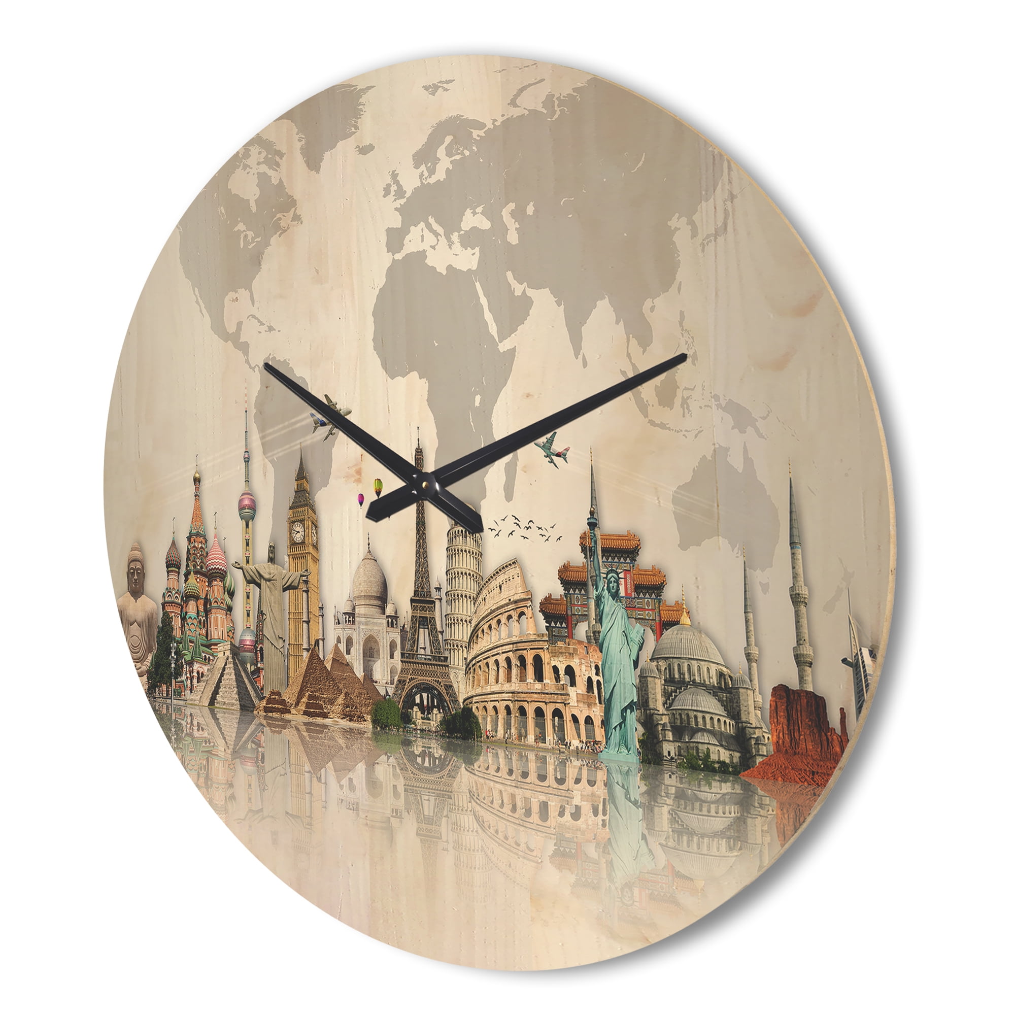 Designart 'World Famous Monuments' Modern Wood Wall Clock
