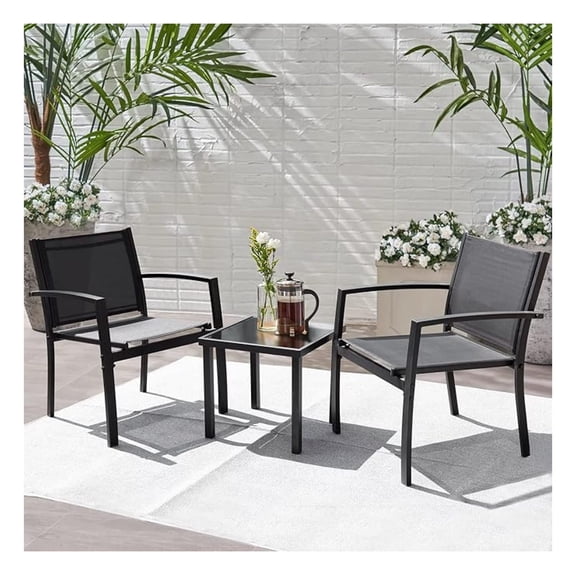 Patio Chairs 3 Piece Outdoor Textilene Fabric Bistro Conversation Set with Side Table All Weather Porch Furniture for Balcony, Poolside, Lawn (Black)