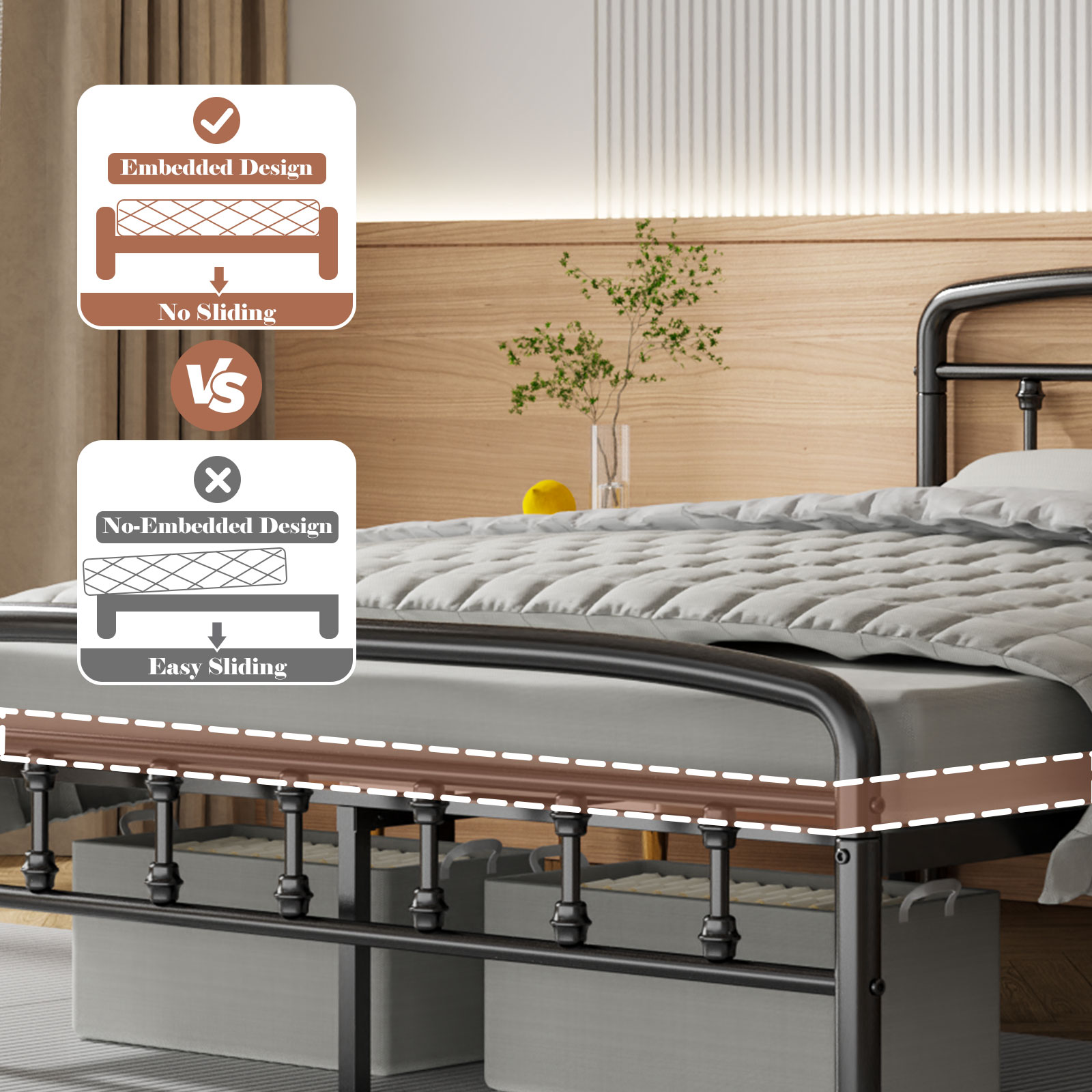 Queen Bed Frame with Headboard,Victorian Style Headboard and Footboard, No Squeak, Heavy Duty 1500lbs Support, Easy 30-Min Tool-Free Assembly, No Box Spring Needed/Underbed Storage