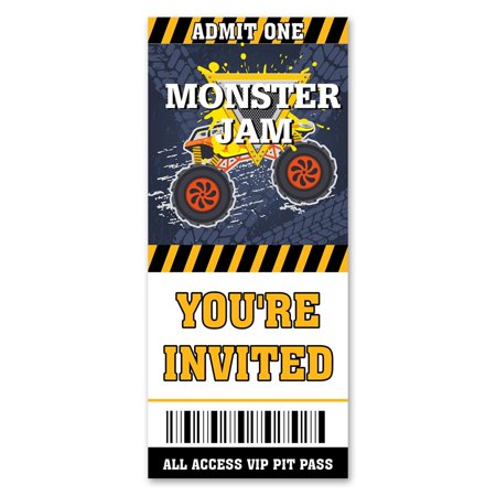 Rev Up the Fun Monster Truck Birthday Invitations - 20 Pack of Ticket-Style Invites with Envelopes for an Action-Packed Celebration! Perfect for Little Adventurers!