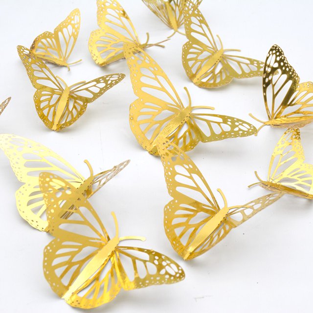 12 Uds. De mariposas artificiales doradas con textura de Metal para decoración de tartas, simulación de mariposas, artesanías para bodas, decoración para fiestas Tan Jianjun unisex