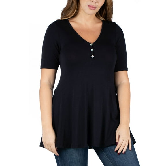 Plus Size Elbow Sleeve Henley Tunic Top Black 4X