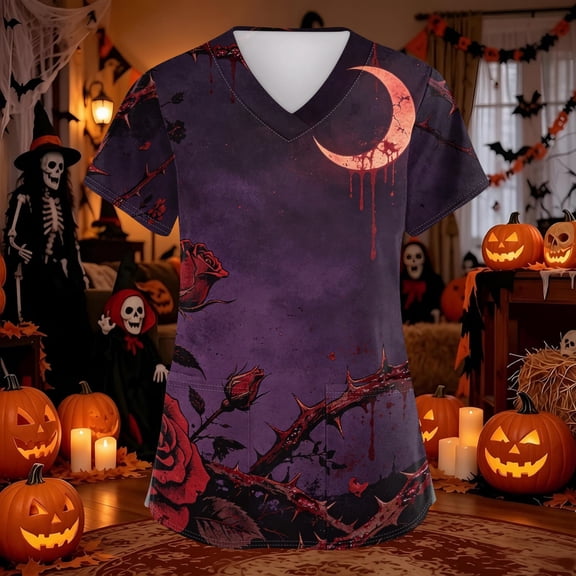 Domuza Women Halloween Scrubs Shirts Pumpkin Graphic Casual Soft Stretchy Short Sleeve V Neck Tee Shirts Breathable Nurse Uniforms Tops with Pocket Orange 4XL
