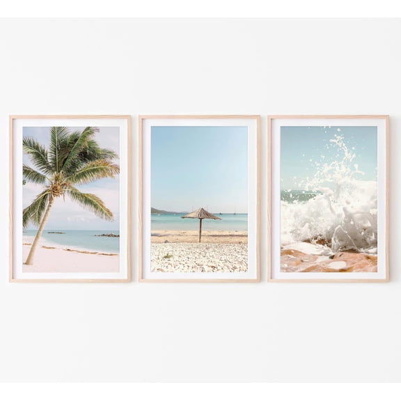 Luvia Summer Beach Set Of 3 Neutral Beach Picture Tropical Palm Tree Posters, Boho, Modern Wall Decor Set 3 Prints 8x12 UNFRAMED
