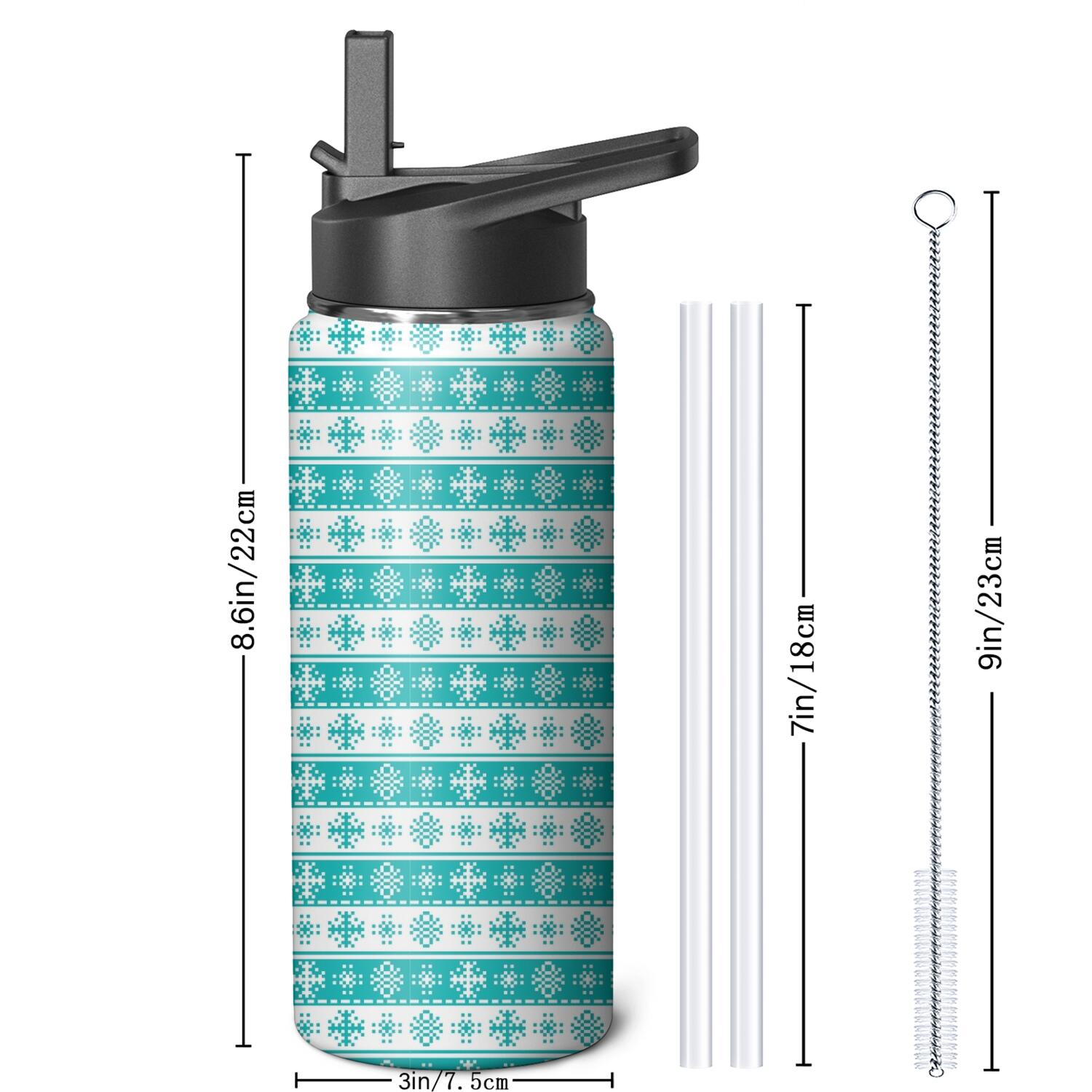 Christmas 18 oz Insulated Stainless Steel Water Bottle with Straw & Cleaning Brush , Leakproof, BPA-Free, 304 Stainless Steel, Wide Mouth, Travel Mug for Car, Gym, Office