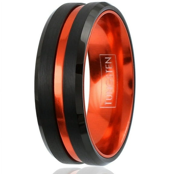 Tungsten Carbide Rings for Men Wedding Bands for Him 8mm Black Thin Orange Line