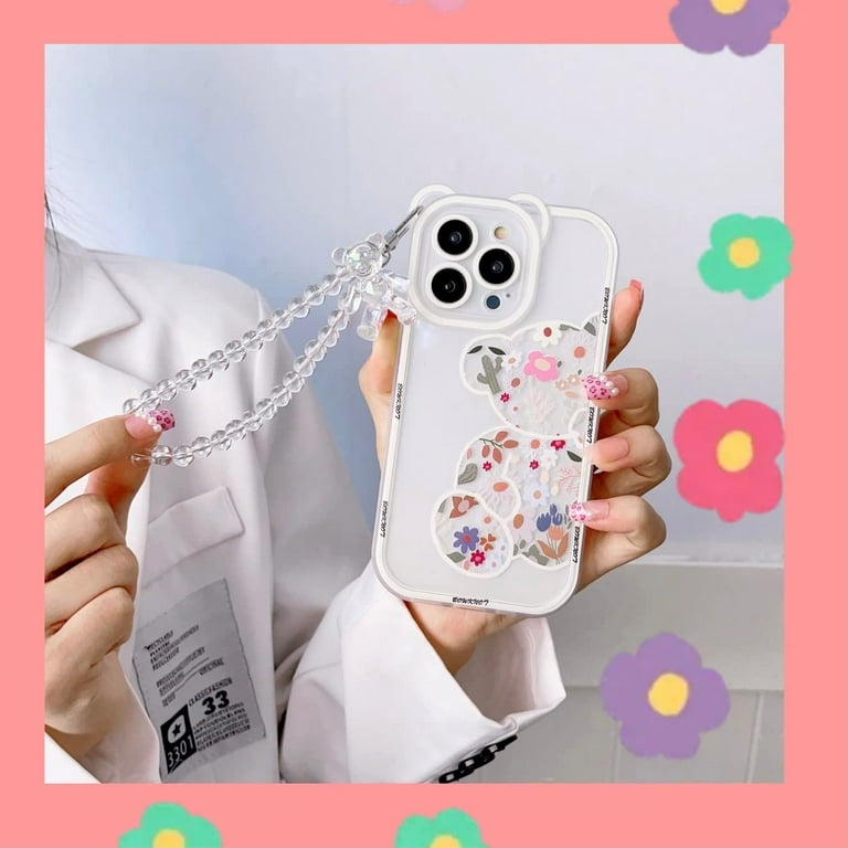 Compatible with iPhone 14 Plus Case, Cute Flowers Bear Camera Protector  Clear Case Cover with Lovely Strap Bracelet Chain Girls Women Case for iPhone  14 Plus 