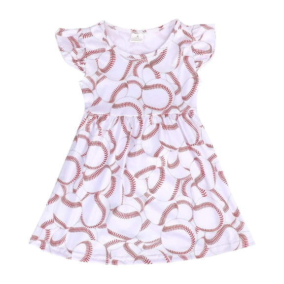 Girls Casual Baseball Print Dress with Flounce Playful Summer Outfit Toddler Clothes
