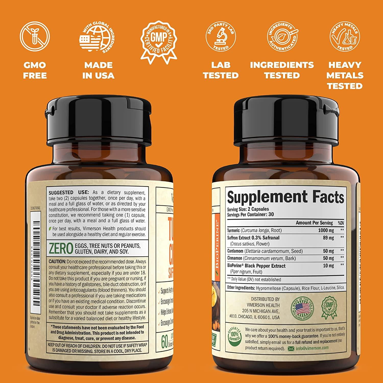 Turmeric Curcumin and Saffron Supplement (89mg Saffron Extract) with Ceylon Cinnamon & Cardamom for Eye, Joint Health & Mood Support – 60 Capsules