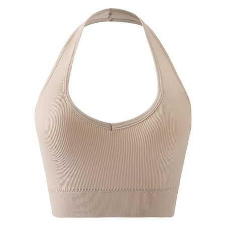 Gnurob Womens Butterluxe Halter Longline Sports Bra - No Underwire Padded Bralette Workout Yoga Tank Tops Push Up Bras Clearance Deals  Beige Large