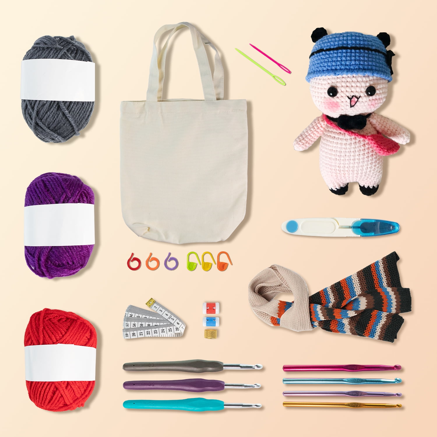 SlaBao Crochet Kit for Beginners Adults and Kids, 9pcs Crochet Hooks and 15pcs 55 Yards of Yarn for Crocheting Kit, Needles, Accessories, Bag