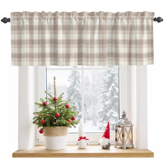 Plaid Grid Light Filtering Valance Curtains, Gingham Brown Overlapping Stripes Woven Texture Rod Pocket Short Window Valance for Kitchen Bathroom Windows 1 Panel 42"x12"