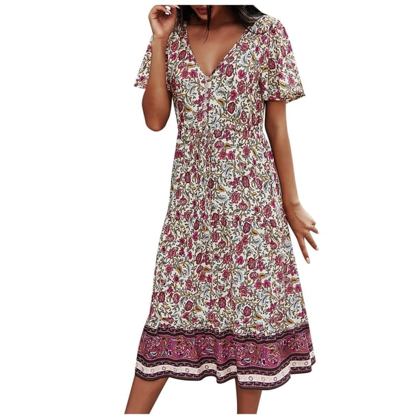 Gibobby Vestido largo de verano para mujer Vestido temperamental de estilo de moda floral Vestido de mujer de playa rombal suelto casual(Rosa,XL)