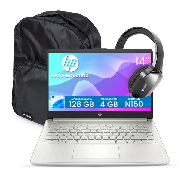 Combo Laptop HP 14" DQ6011DX Intel Celeron 4GB 128GB Plata + Audífonos Bluetooth y Mochila