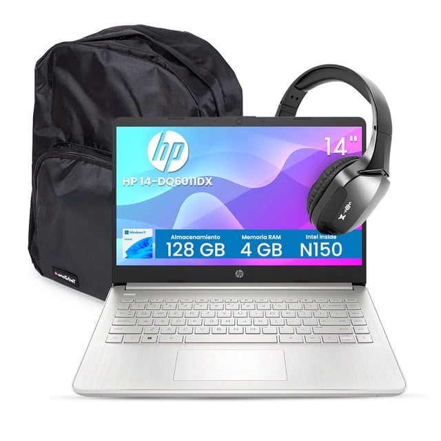 Combo Laptop HP 14" DQ6011DX Intel Celeron 4GB 128GB Plata + Audífonos Bluetooth y Mochila