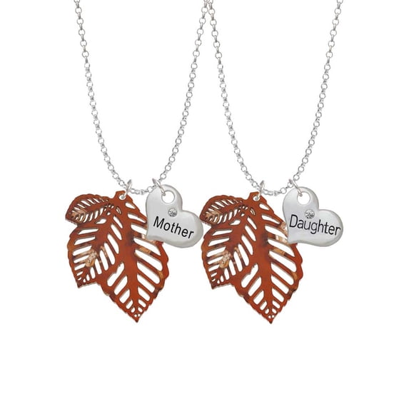 Delight Jewelry Acrylic Medium Triple Leaf Pearly Brown Mother & Daughter Heart Necklaces (Set of 2), 19"+2"