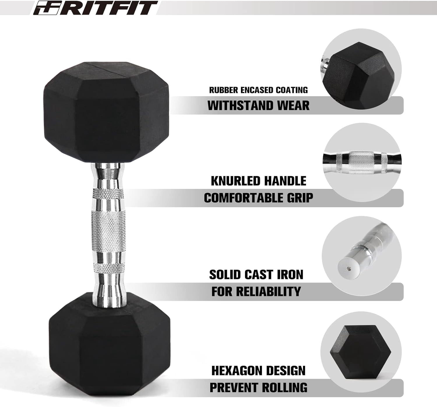 RitFit 200 LB Rubber Hex Dumbbells Set with Optional Dumbbell Rack, Multi Weight Set to Choose, Ideal for Home Gym and Fitness