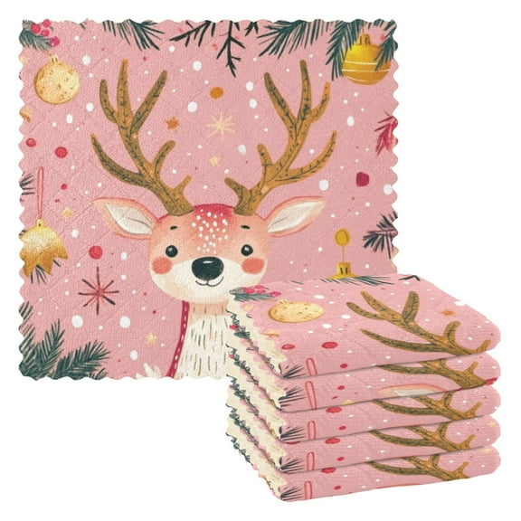 6 Pieces of Kitchen Towels 11x11Inch Kitchen Dish Cloths Kitchen Dish Towels Reuseable Cleaning Cloths Pink Christmas Cute Deer