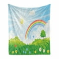 thumbnail image 1 of Cloud Soft Flannel Fleece Throw Blanket, Cartoon Summer Nature with Sun and Rainbow over Blooming Flowers and Butterflies, Cozy Plush for Indoor and Outdoor Use, 70" x 90", Multicolor, by Ambesonne, 1 of 6