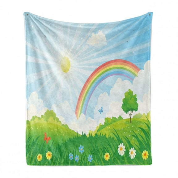 Cloud Soft Flannel Fleece Throw Blanket, Cartoon Summer Nature with Sun and Rainbow over Blooming Flowers and Butterflies, Cozy Plush for Indoor and Outdoor Use, 50" x 60", Multicolor, by Ambesonne