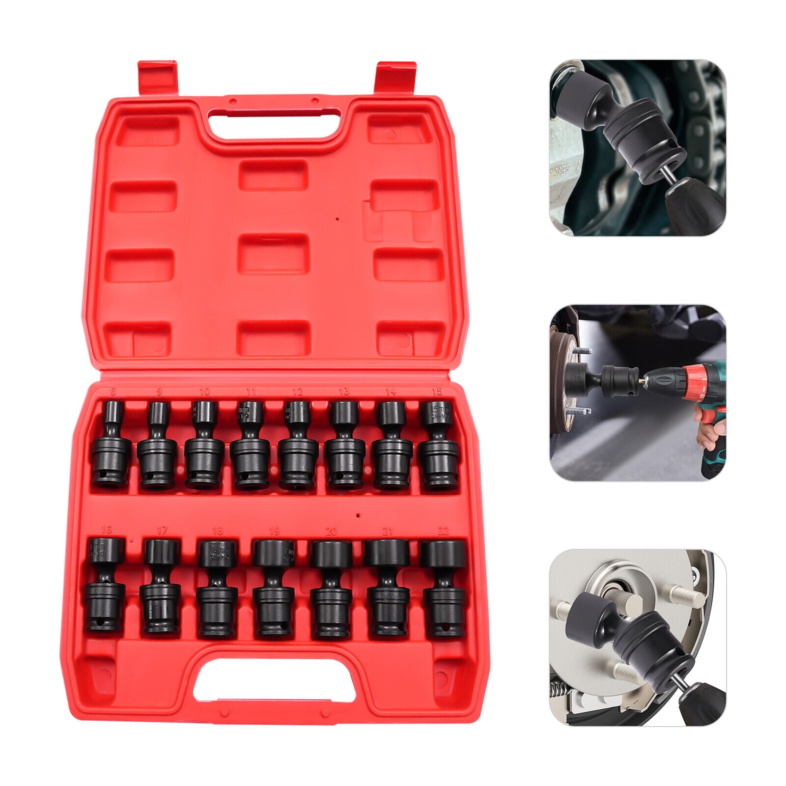 Universal Joint Socket Set 15PCS 3/8" Socket Set 8mm-22mm Swivel Socket Set - Black Red