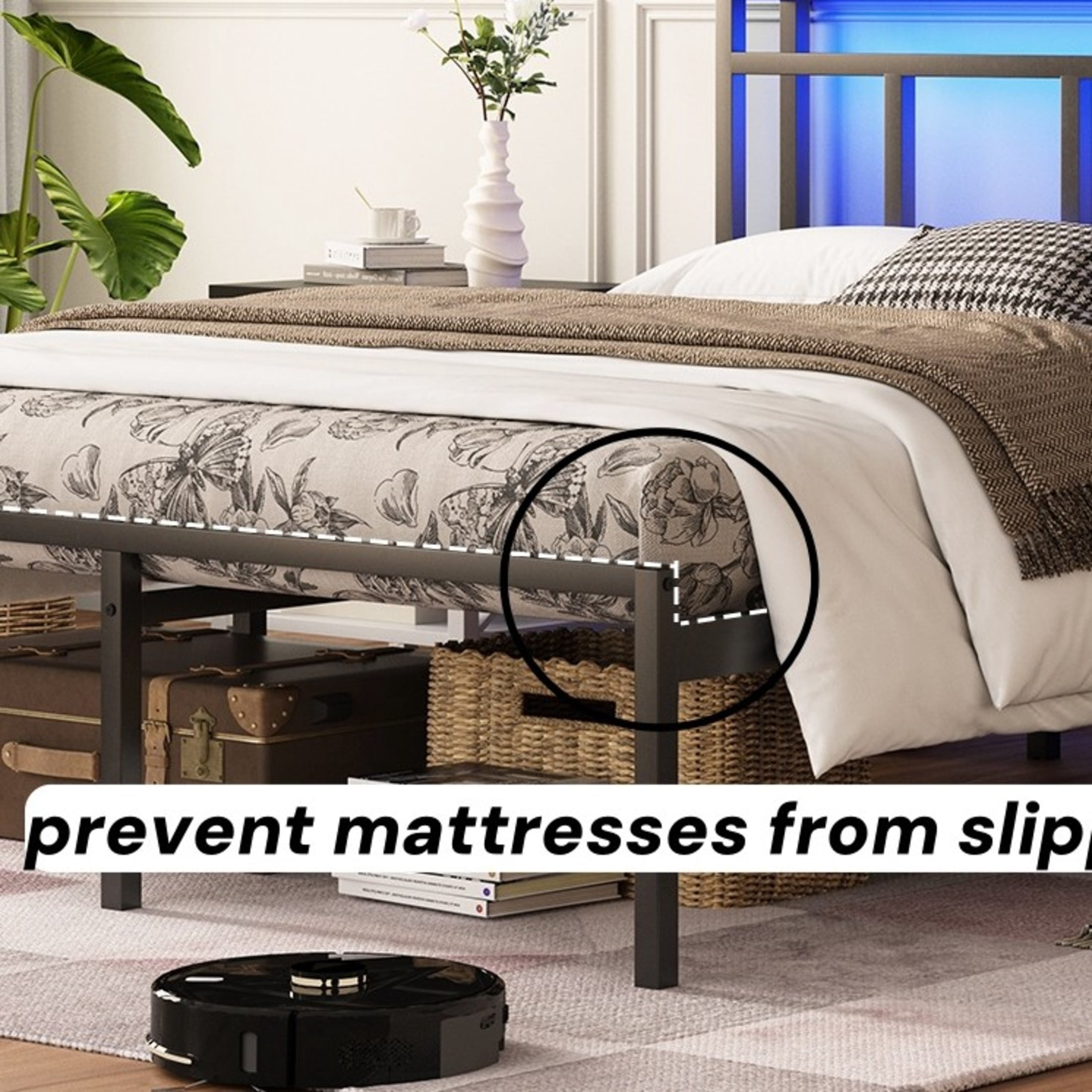 Noble House 14" Queen Bed Frame with Storage Headboard and LED Lights, Metal Platform Bed with Charging Station, Black