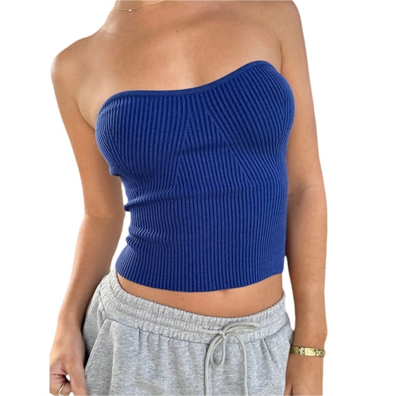 Canis Women's Strapless Ribbed Knit Solid Color Tube Tops for Summer