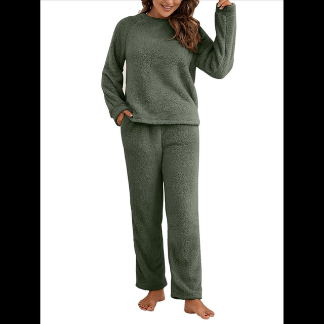 Pijama de 2 Piezas para Mujer, Conjunto de Ropa de Estar por Casa, Suéter de Punto, Cuello Redondo, Larga, Conjuntos Peludos Verde XL