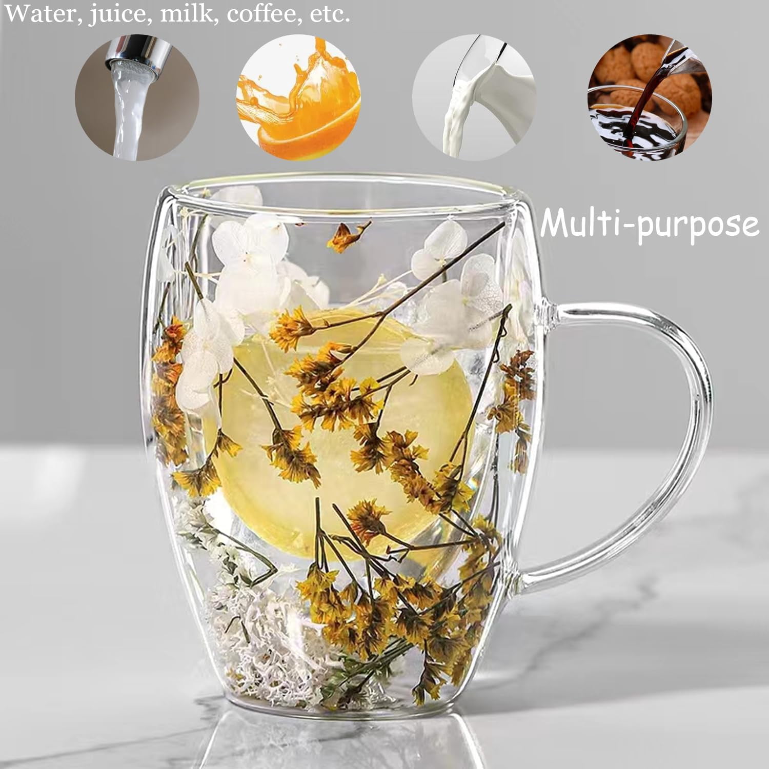 Double Walled Glass Coffee Mugs 12oz 2pcs Espresso Cups,Clear Coffee Mug Cappuccino Cup With Handle Unique Flower Filler Glass Coffee Cups For Tea Milk Latte Hot Cold Beverage Wine Espresso