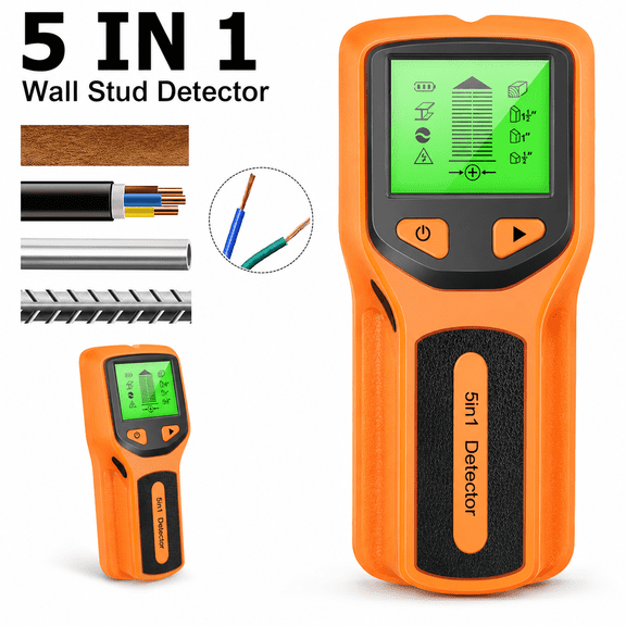 5-in-1 Wall Stud Finder, Orange Stud Scanner with Wood, Metal and Live AC Wire Detection, 1/2", 1" and 1-1/2" Scan Modes
